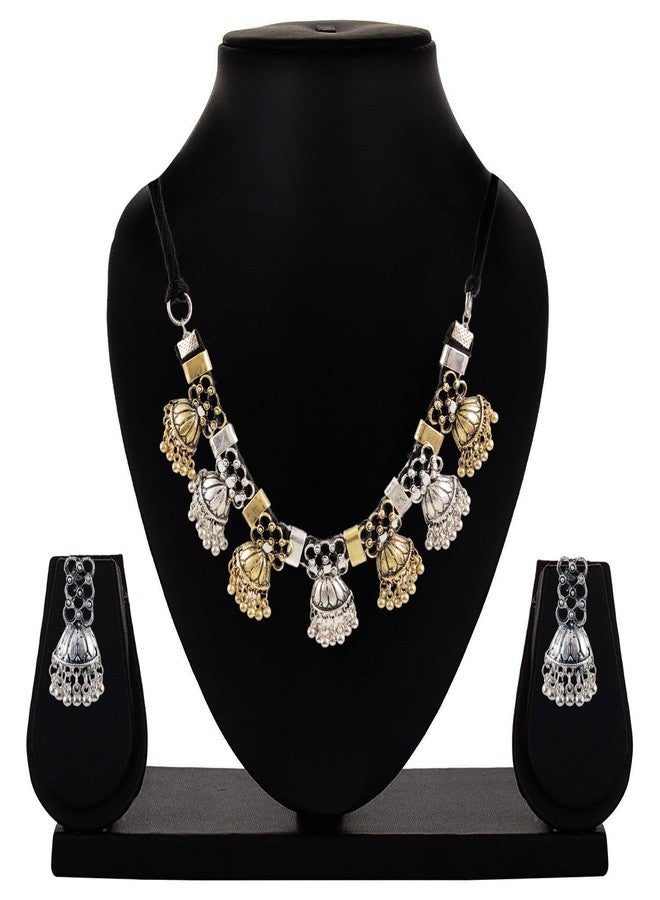 Siddhatva Fashion Indian Ethnic Statement Afghani Silver Oxidized Dual Handmade Tassel Choker Necklace Jewelry (Silver Gold Dual Tone) - Image 3